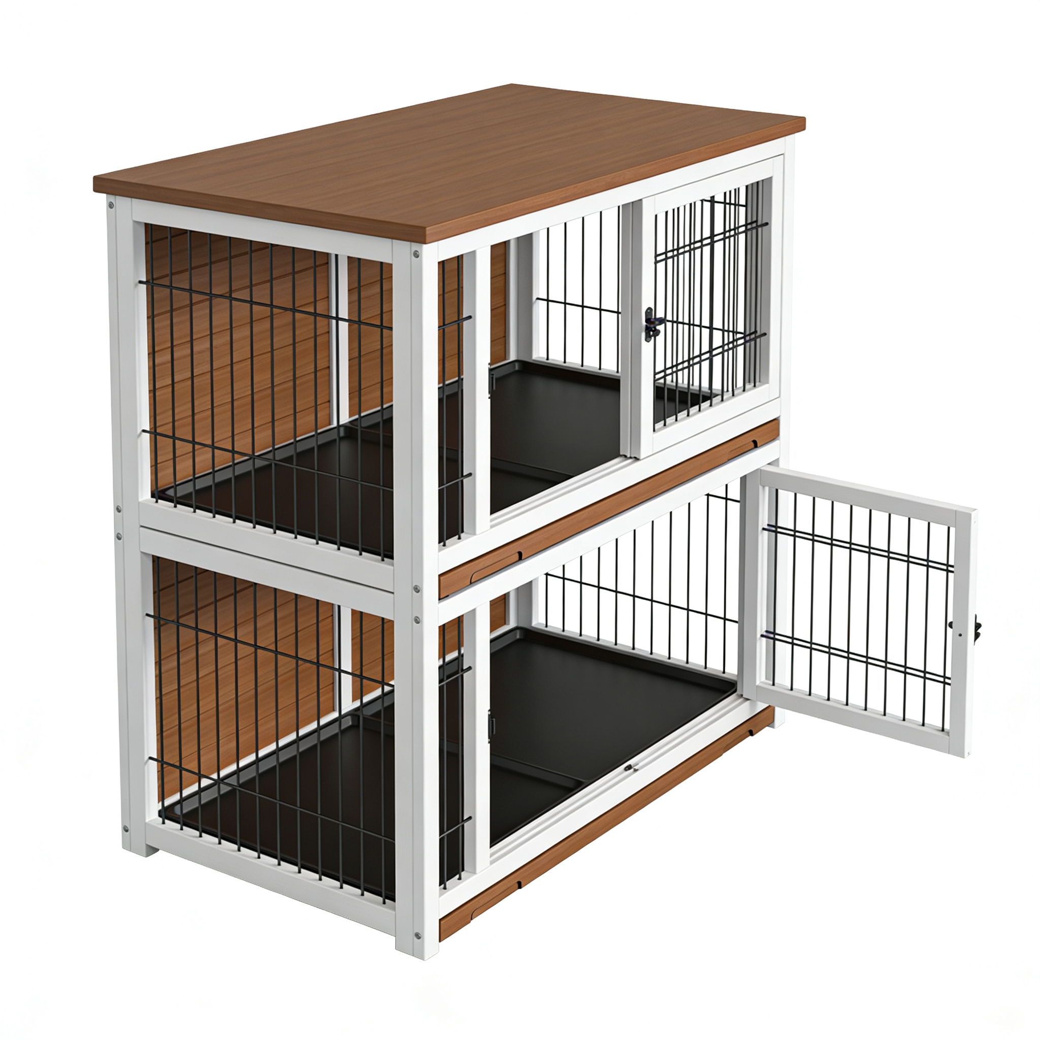Livoratg Hundekäfig-Möbel 101cm, Hundebox Holz für Zuhause mit 3 Türen & Schiebetüren, Robuster Beistelltisch für kleine, mittlere und große Hunde, 101 x 60,5 x 70 cm, Weiß Braun