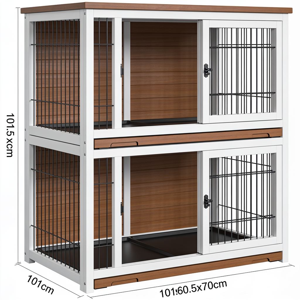 Livoratg Hundekäfig-Möbel 101cm, Hundebox Holz für Zuhause mit 3 Türen & Schiebetüren, Robuster Beistelltisch für kleine, mittlere und große Hunde, 101 x 60,5 x 70 cm, Weiß Braun