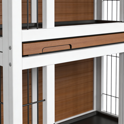 Livoratg Hundekäfig-Möbel 101cm, Hundebox Holz für Zuhause mit 3 Türen & Schiebetüren, Robuster Beistelltisch für kleine, mittlere und große Hunde, 101 x 60,5 x 70 cm, Weiß Braun